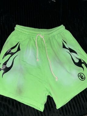 Men's Neon Green Athletic Shorts with Black Flame Accents